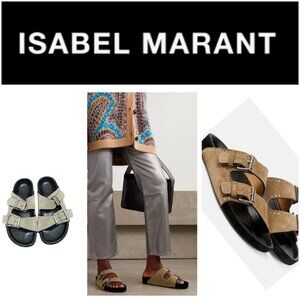 Isabel Marant Suede Studded Slide Sandals Double Buckle Taupe EU 36